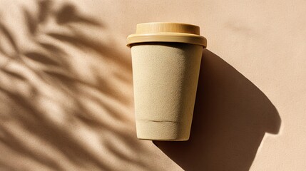 Eco-friendly reusable travel mug made of bamboo on a neutral beige backdrop with natural shadows. A sustainable lifestyle choice, promoting zero waste. Seen from a high angle.
 