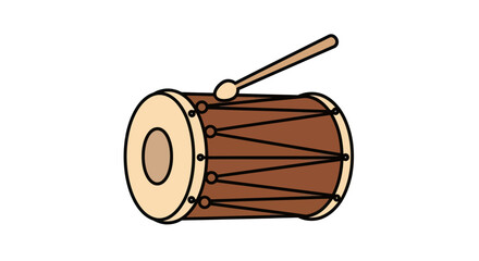 Traditional Indian Dholak Drum with Wooden Drumstick Illustration.