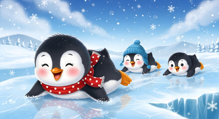 Cute cartoon penguins sliding on ice winter illustration with snowflakes and trees vector design for childrens books and holiday cards