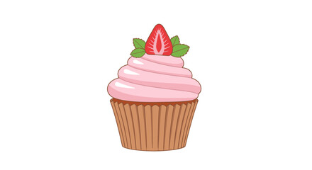 Delicious Pink Frosted Cupcake Topped with Strawberry and Mint.