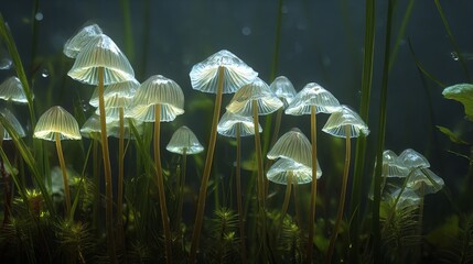 Enchanting, luminous toadstools bloom amidst marsh plants in a dark, radiant night scene. These hallucinogenic mushrooms emit a mysterious glow, embodying Goblincore and Mushroomcore aesthetics.
 