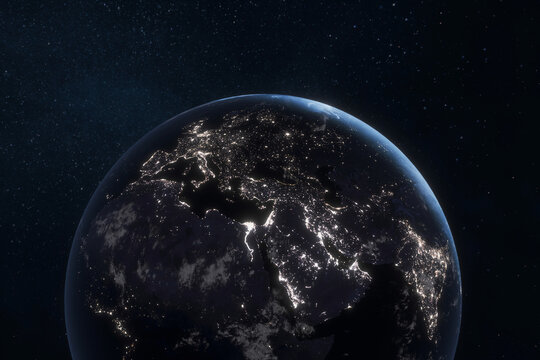 Planet Earth at night seen from space with illuminated cities in Europe, Africa, Middle East, Asia regions, highlighting human activity and global connectivity against the dark universe. Space.