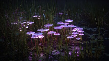 Enchanting, luminous toadstools bloom amidst marsh plants in a dark, radiant night scene. These hallucinogenic mushrooms emit a mysterious glow, embodying Goblincore and Mushroomcore aesthetics.
 