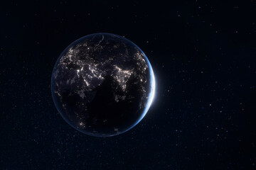 Planet Earth at night seen from space with illuminated cities in Europe, Africa, Middle East, Asia regions, highlighting human activity and global connectivity. Communication and globalization