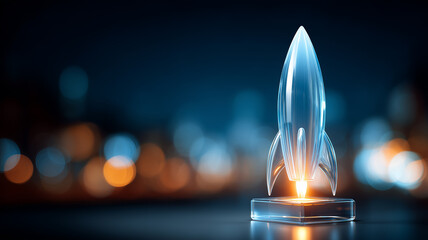 Glass rocket on a stand ready for liftoff, symbolizing a startup launch and the concept of innovation acceleration and bold business ambition
