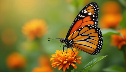 Fototapeta premium Monarch butterfly sits on bright orange flower. Insect with orange black wings. Nature photo in green garden background. Wildlife of colorful butterfly at plant.