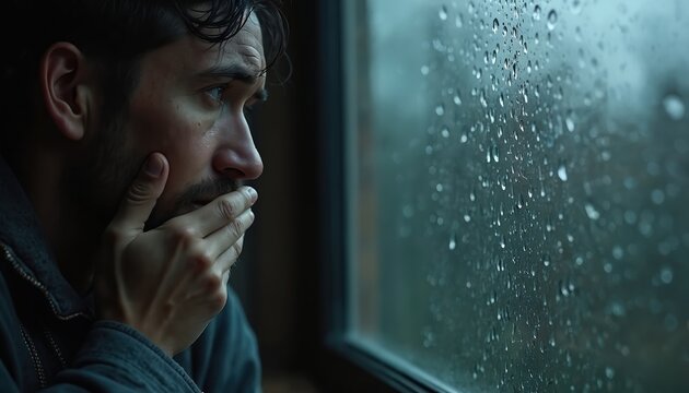 Man looks out window on rainy day lost in thought. Sad male looks at raindrops on glass. Gloomy weather outside man thoughtful. Pensive man looks out of window with hand on chin. Lonely person