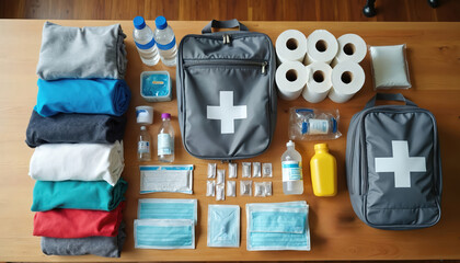 Emergency go bag with first aid kit, survival essentials organized on table. Backpack contents for disaster evacuation include water, medicine, masks, food, clothes. Prepper safety equipment prepared