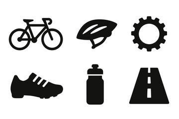 Obraz premium Cycling icons set: bicycle, helmet, gear, shoe, bottle, road