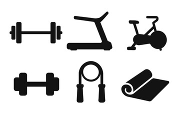 Essential gym equipment icons: dumbbell, treadmill, exercise bike, jump rope, yoga mat, barbell