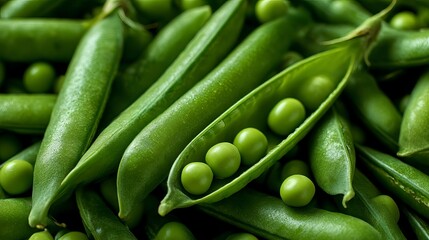 Fresh green peas and pods in a close-up shot. A nutritious vegetarian option, these peas are packed with natural protein, making them a healthy choice.
 