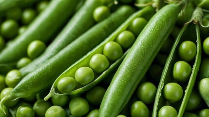 Fresh green peas and pods in a close-up shot. A nutritious vegetarian option, these peas are packed with natural protein, making them a healthy choice.
 