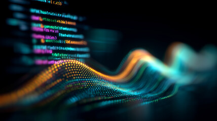 Flowing data wave with code depicting analytics machine learning and dynamic information processing for insight
