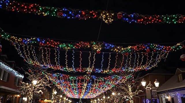 Christmas Lights Street Decoration - A low angle shot shows a street decorated with holiday lights and garlands during the night.