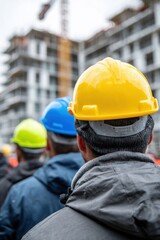 Construction workers observe the building site in a city during a rainy afternoon with safety helmets on