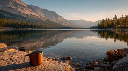 Golden hour coffee by a serene lake. Mountains frame the tranquil water, creating a cozy escape. Minimal travel, off-grid living, and a slower pace of life define this idyllic scene.
 
