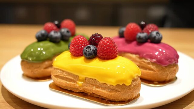 Colorful Eclairs with Berries - A close-up shot shows three colorful eclairs on a white plate. The eclairs are topped with a glossy glaze in yellow, green, and pink, and garnished with fresh