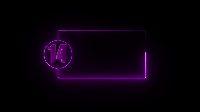 colorful glowing neon 14 text icon animation. Square rectangle picture frame with one tone neon color motion graphic on isolated black a background.4k video black background,