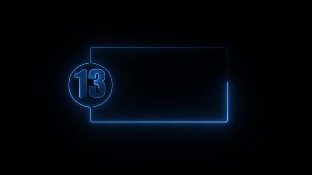 colorful glowing neon 13 text icon animation. Square rectangle picture frame with one tone neon color motion graphic on isolated black a background.4k video black background,
