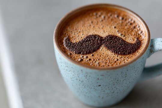 Coffee with a creative mustache design served in a blue cup on a light countertop in a cozy cafe setting