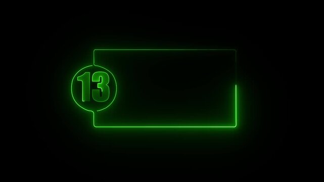 colorful glowing neon 13 text icon animation. Square rectangle picture frame with one tone neon color motion graphic on isolated black a background.4k video black background,