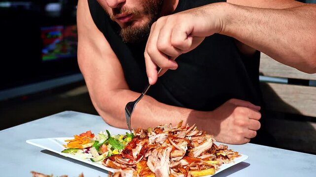 Outdoor dining scene with muscular man eating grilled chicken, vegetables, and fruit. Natural light and casual vibe make it ideal for fitness, lifestyle, or editorial food content.