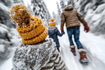 Family enjoys a winter walk through snowy forest while wearing colorful hats and warm clothing