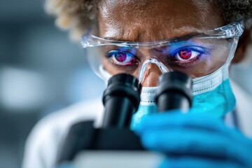 Scientist examining samples under a microscope in a laboratory setting during the day