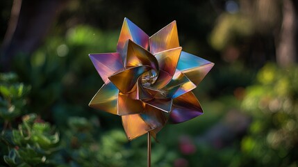 Hypnotic metallic wind spinner for your garden! This colorful, geometric design creates a surreal, 3D kinetic optical illusion. Rotating in the California air, the iridescent