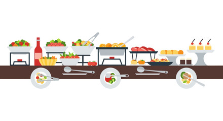 A diverse buffet spread with various dishes and desserts.