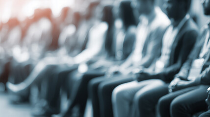 Row of attendees at a business conference listening attentively, capturing professional learning networking and corporate training culture
