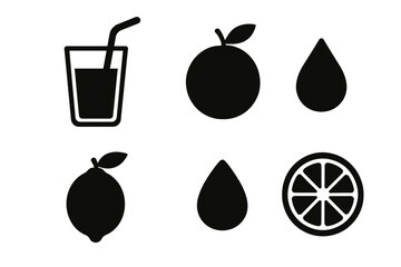 Fruit juice icons: glass, orange, lemon, droplets, citrus slice silhouettes