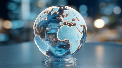 Digital globe on a desk representing worldwide data connectivity and international business intelligence for global strategy and innovation
