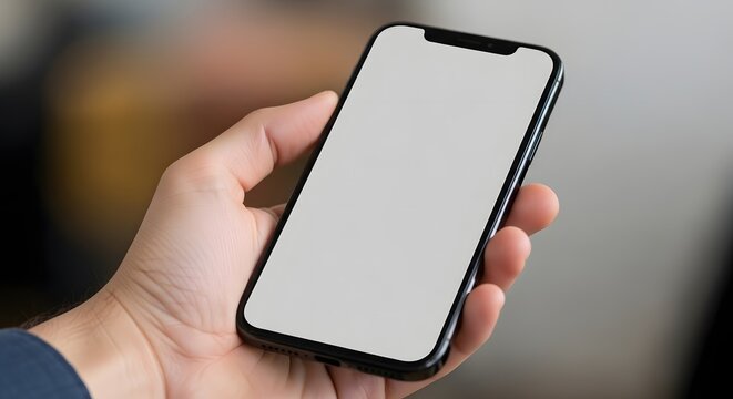 Hand holding a modern smartphone with a blank screen for mockup