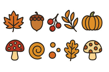 Fototapeta premium Autumn icons collection: leaves, acorn, berries, pumpkin, mushrooms, swirl
