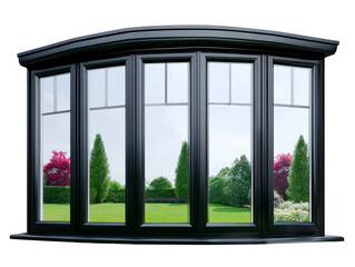 Fototapeta premium Large black bay window with clear glass panes, reflecting lush green garden with trees and colorful flowers, modern home exterior, bright and inviting atmosphere
