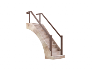 Curved concrete staircase with metal handrail, modern architectural element, isolated on transparency background, suitable for interior or exterior design, clean and minimal style