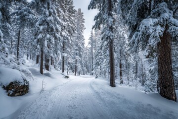 Obraz premium A serene forest path blanketed in white snow stretches between tall evergreen trees. The scene captures the quiet beauty of winter, creating a peaceful atmosphere