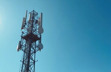 Tall steel tower with multiple antennas, dishes transmits signals across clear blue sky. Telecommunication structure provides global network connectivity, supports modern mobile phone communication.
