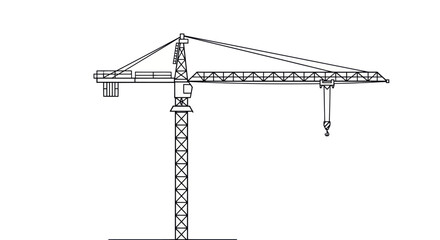 Detailed Black and White Line Drawing of a Tall Tower Crane.