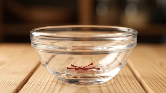 Elegantly, a single strand of saffron is placed into a clear bowl.