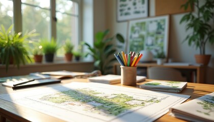Landscape architect wooden table with site plan, colored pencils, plant catalogs, and papers in light-filled studio with plants and inspiration boards on wall. Natural light illuminates workspace.