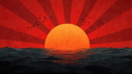 Fiery sunset over dark, choppy water with a flock of birds