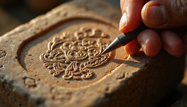 Artisan hand carves intricate ornament on clay tablet with sharp tool. Craftsman creates bas-relief design on ancient stone block. Traditional craft shows historical skill and handmade artwork.