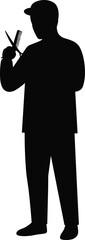 Barber holding scissors and comb silhouette cartoon illustration, symbolic grooming and expressive gesture artwork for lifestyle and care design