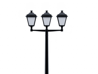 Three black vintage street lamps with frosted glass shades on single pole, isolated on transparent background, evoke classic and nostalgic urban atmosphere