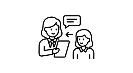 Two people in conversation one holding a document.