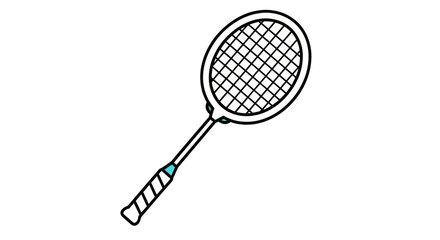 Simple line art illustration of a badminton racket with a mesh head and grip.
