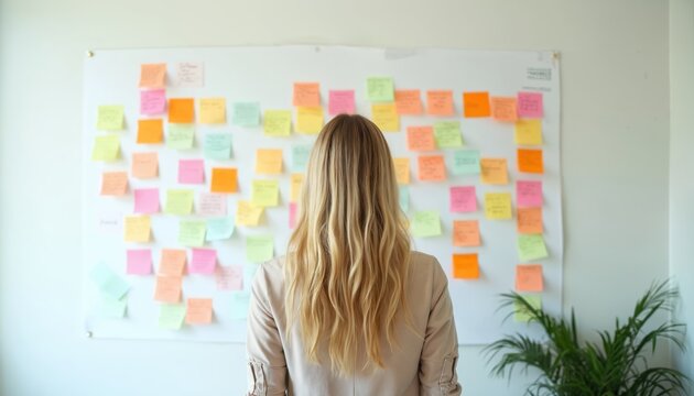 Businesswoman from back looks at whiteboard covered with colorful sticky notes in office. Manager organizes project tasks on agile scrum board. Female employee planning business strategy, - Powered by Adobe