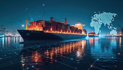 Obraz premium Cargo ships in harbor at night with world map graphic. Maritime digital transformation tech data security visualization. Container vessels at dock with advanced communication network.